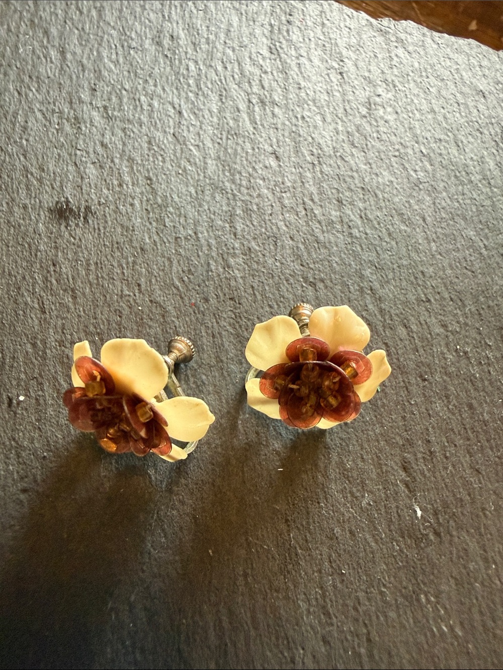 Floral Resin Clip-On Earrings in Cream and Brown